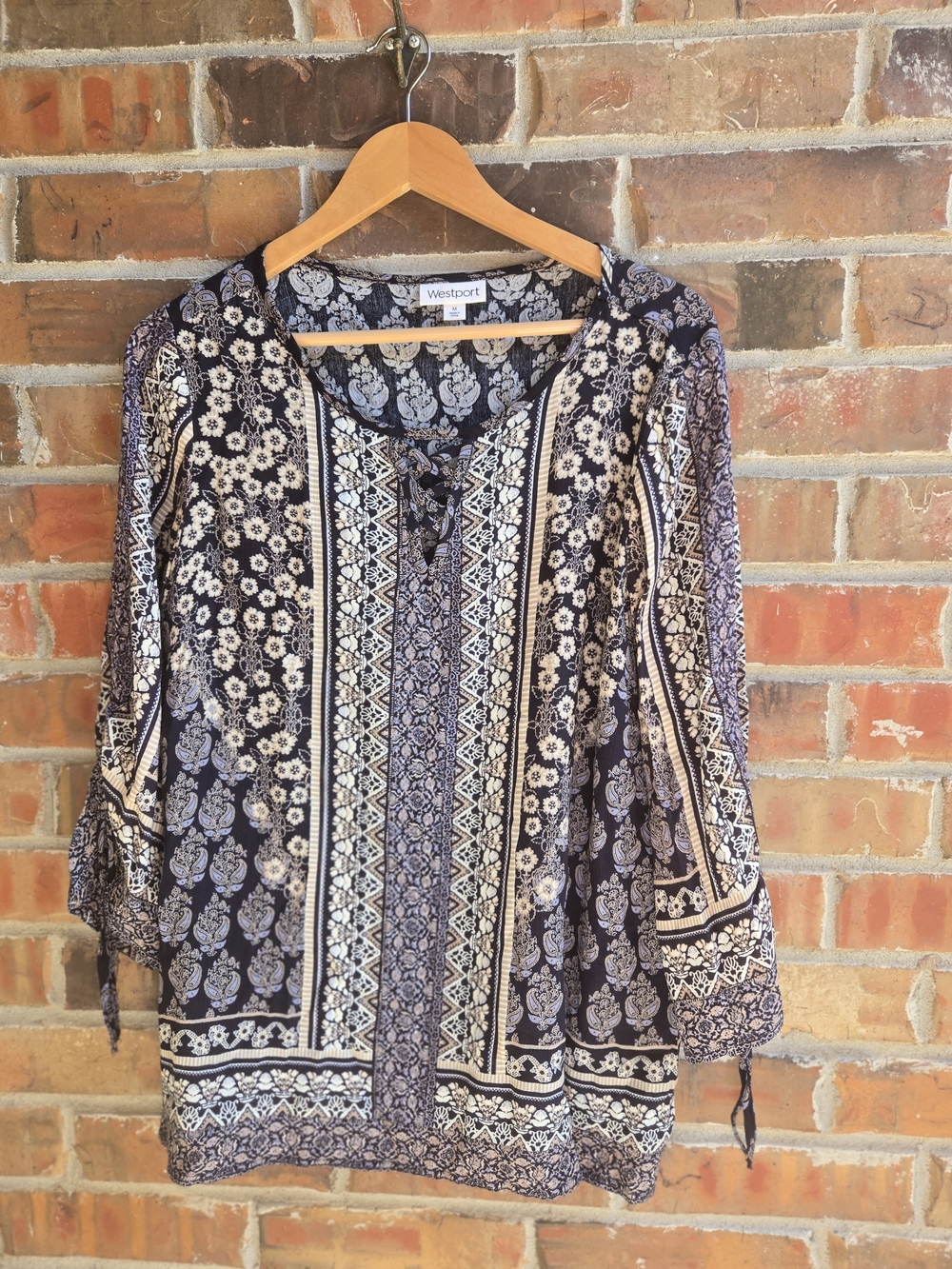 Westport Navy and Cream Boho Lace-Up Printed Tunic Cozy Casual Layering